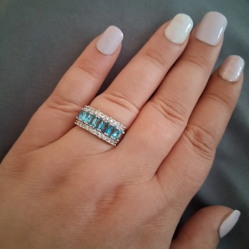 Blue Glam Ring/ Multi- Row Statement Band/ Crystal Fashion Jewelry Size 8